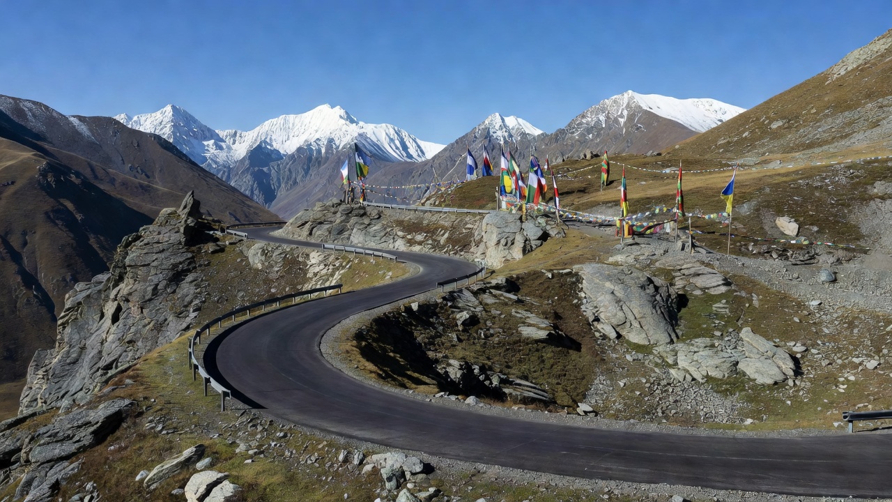 318国道海子山段盘山公路与远处雪山，路边经幡与高原荒原实景